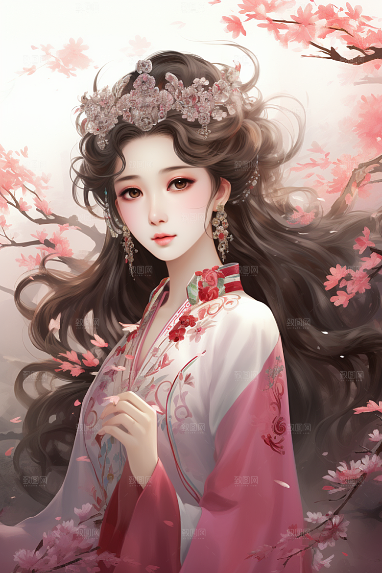 新中式美女温婉水墨插画