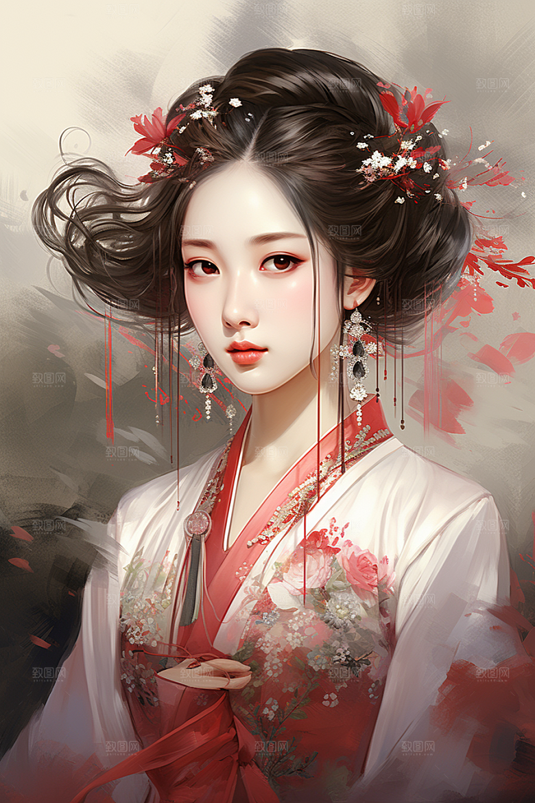 新中式美女高清水墨插画