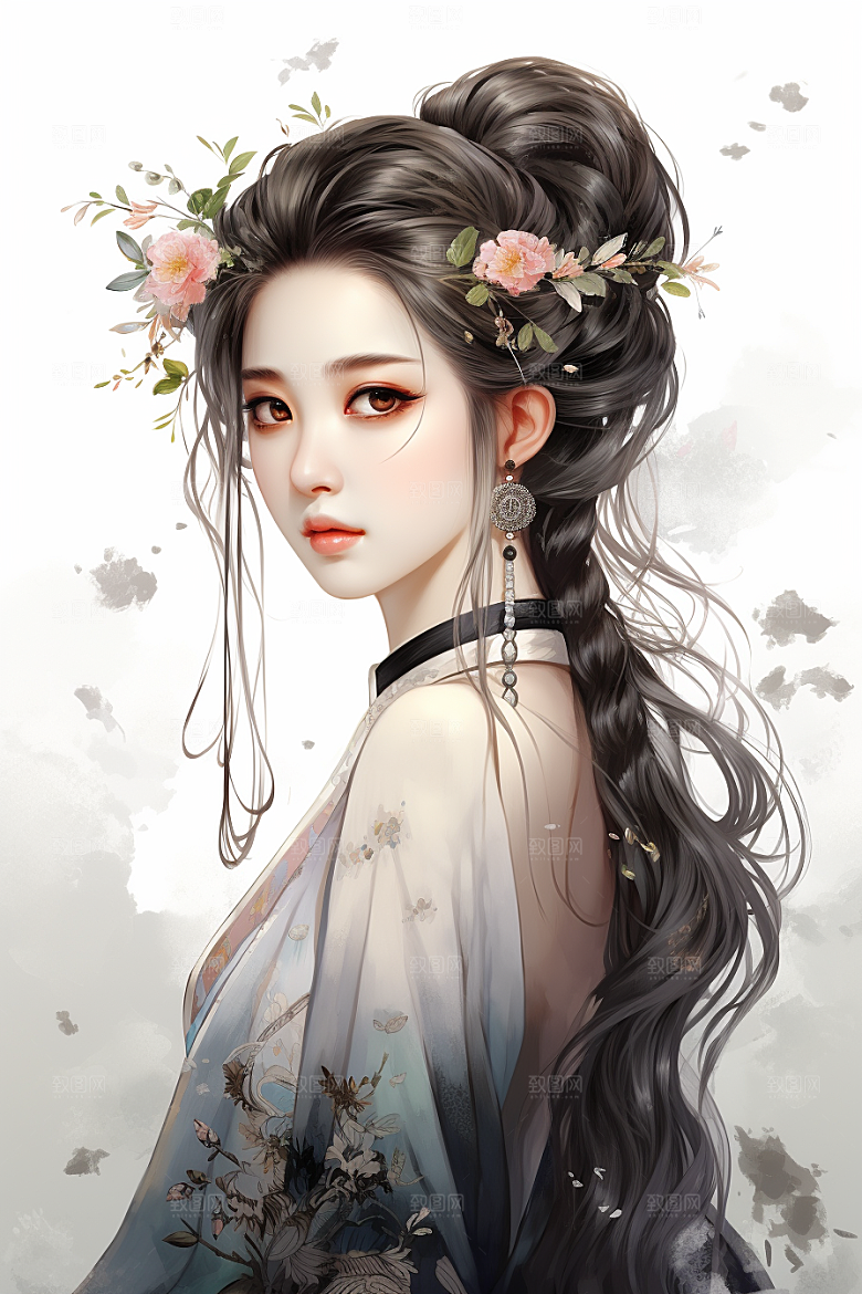 新中式美女唯美水墨插画