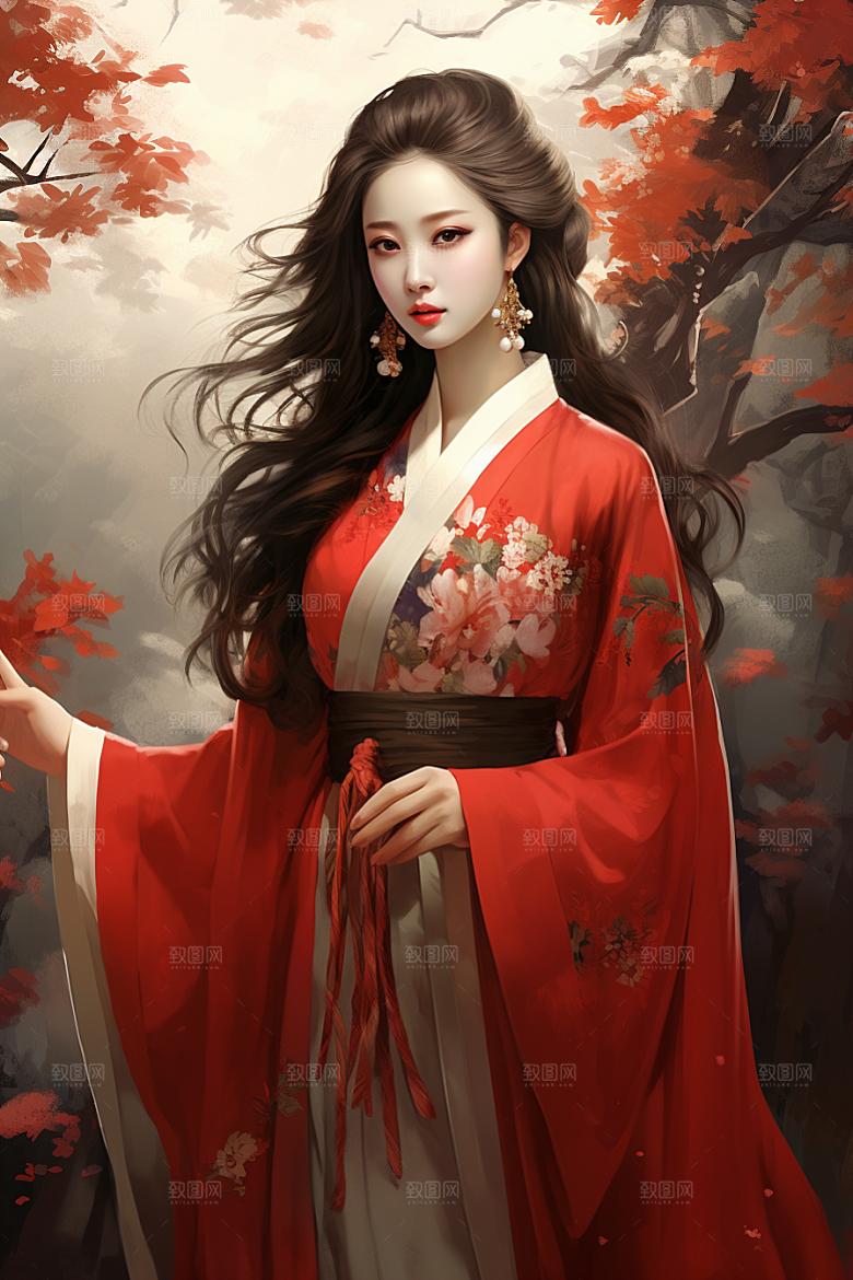 新中式美女文艺水墨插画