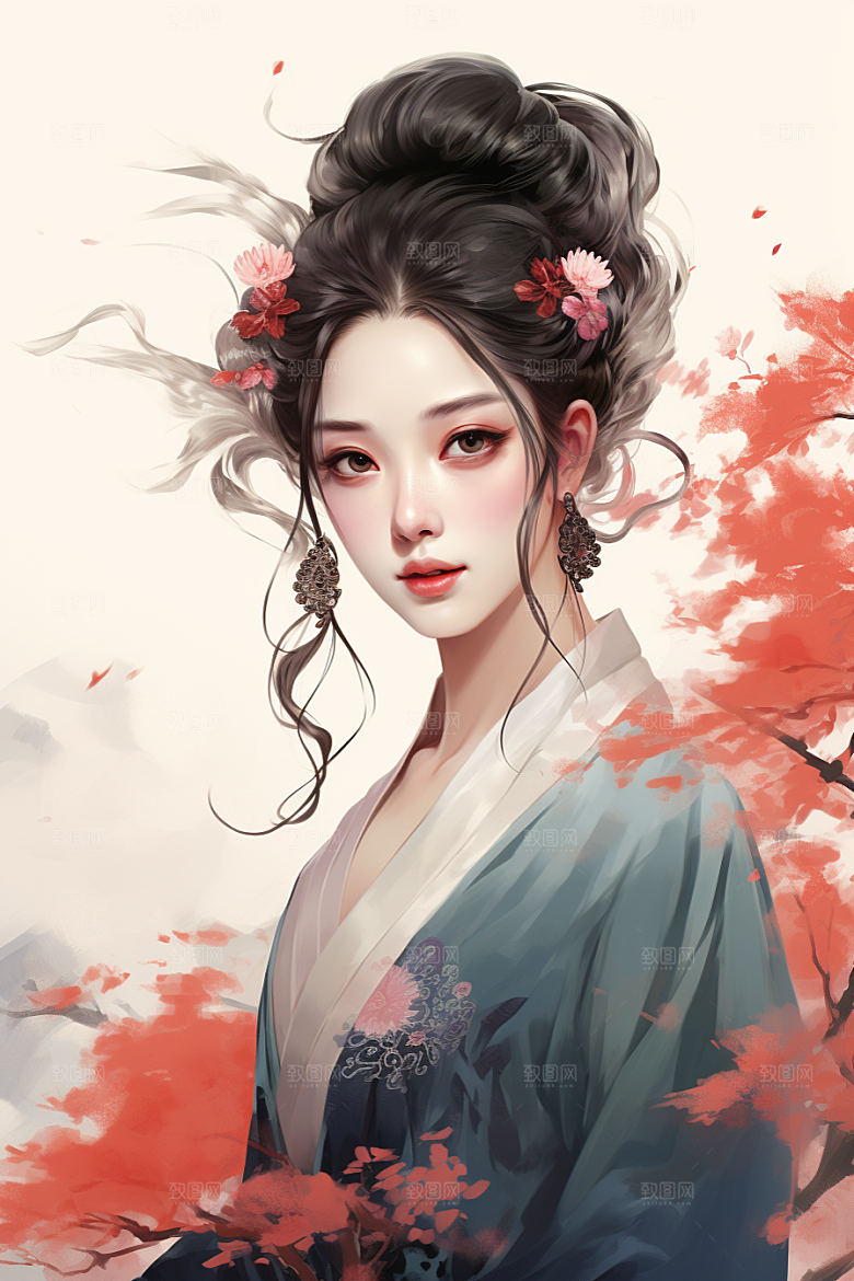 新中式美女唯美水墨插画