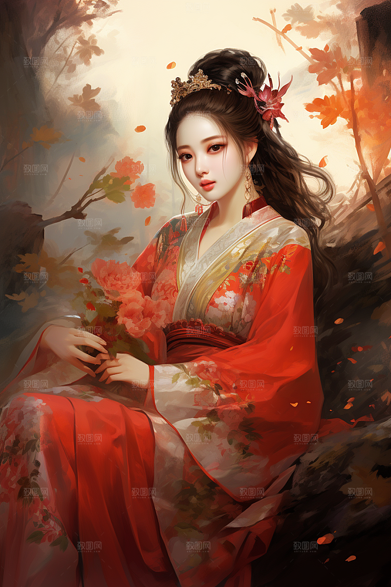 新中式美女文艺水墨插画