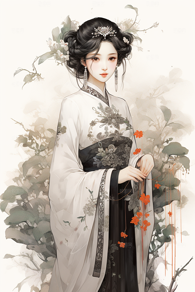 新中式美女手绘文艺插画