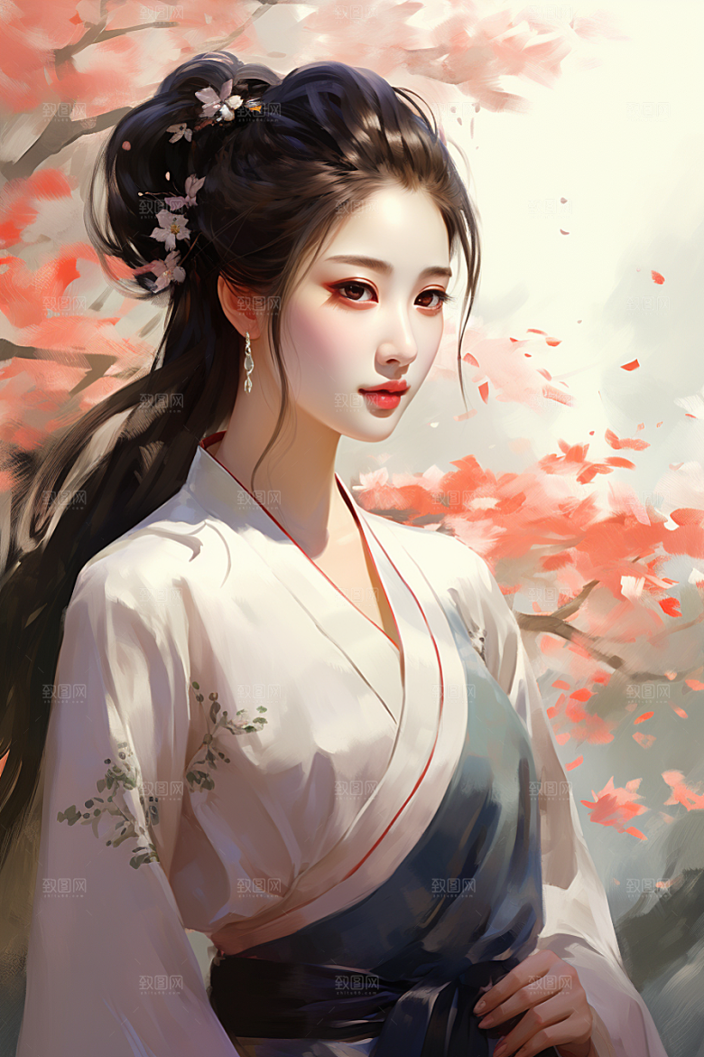 新中式美女手绘文艺插画
