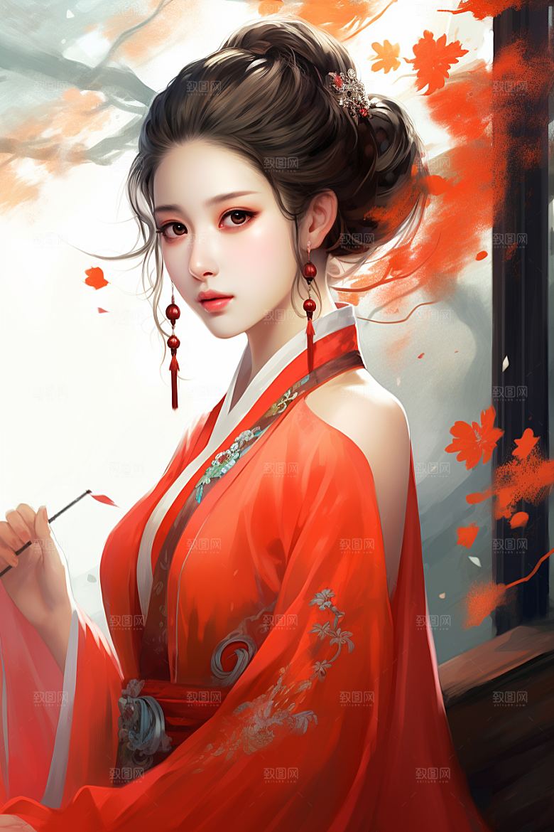 新中式美女手绘艺术插画