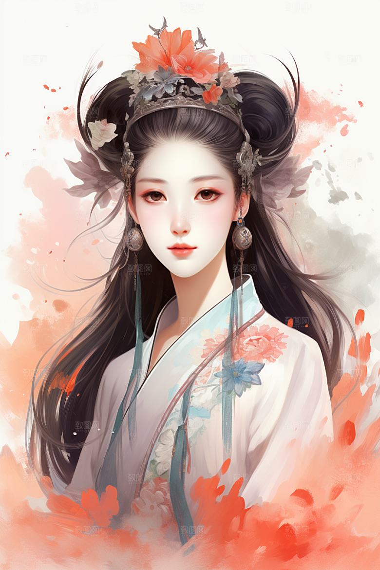 新中式美女水墨文艺插画