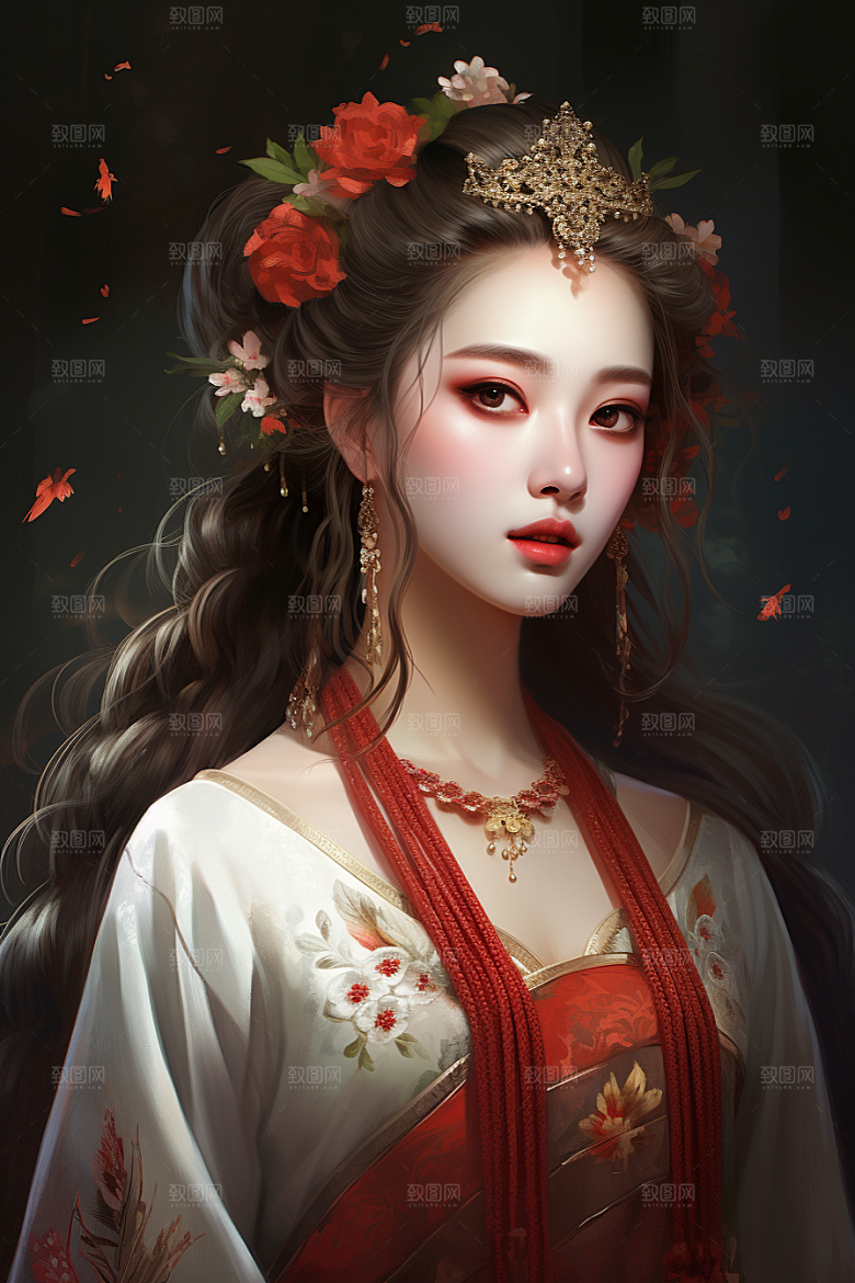 新中式美女中国风水墨插画