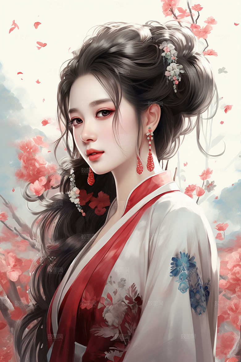 新中式美女高清手绘插画