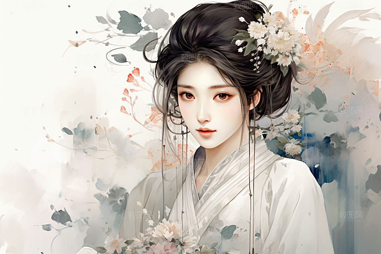 新中式美女温婉高清插画