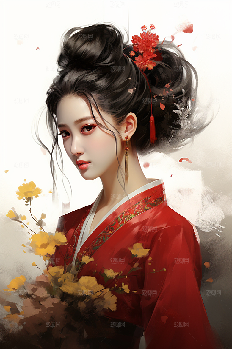 新中式美女文艺高清插画