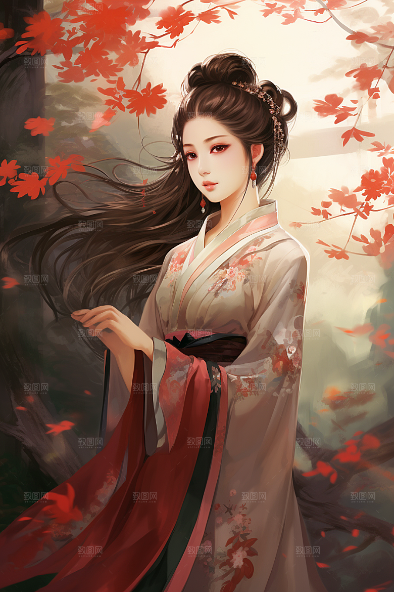 新中式美女艺术手绘插画