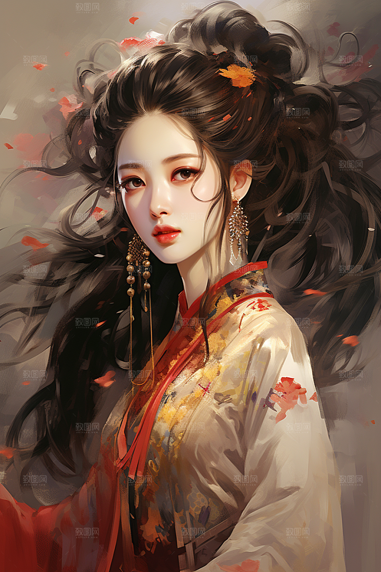 新中式美女中国风水墨插画