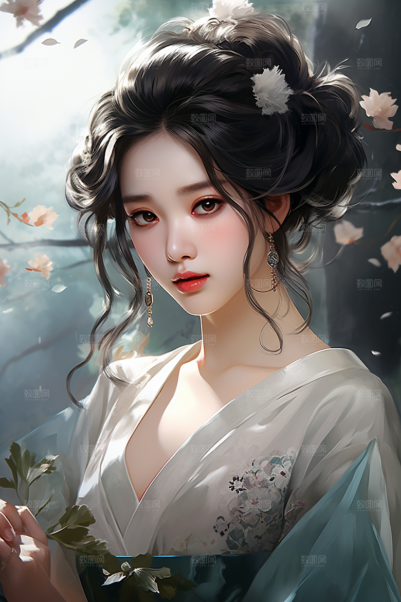新中式美女唯美文艺插画