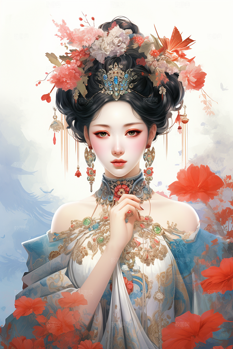 新中式美女水墨中国风插画