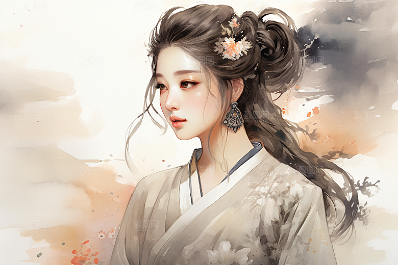 新中式美女水墨唯美插画