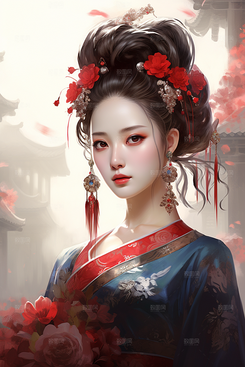 新中式美女唯美水墨插画