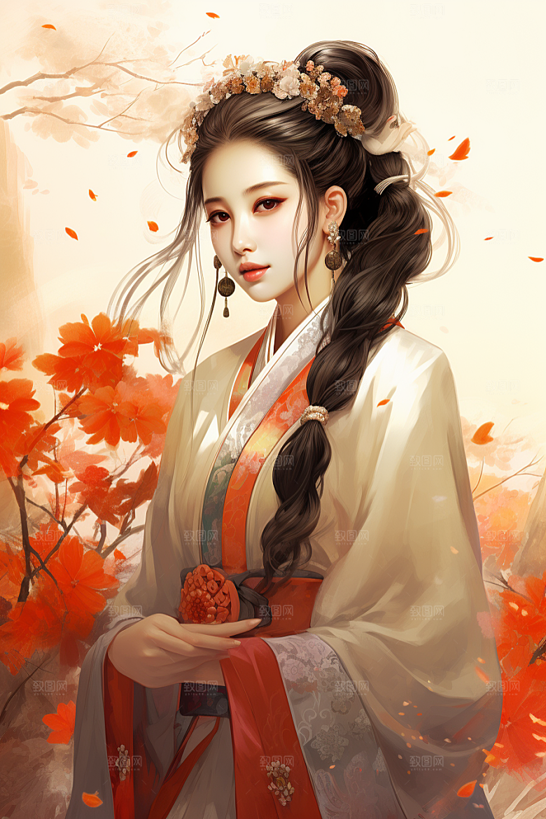 新中式美女文艺水墨插画