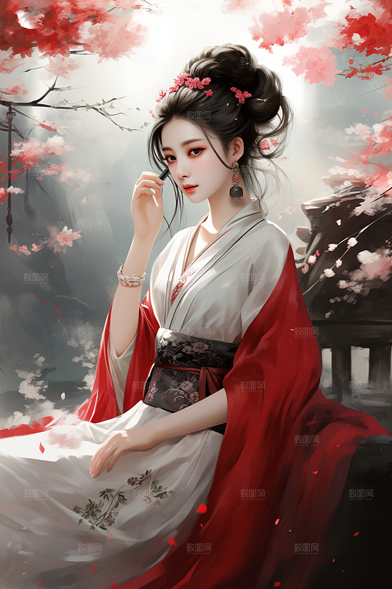 新中式美女水墨艺术插画