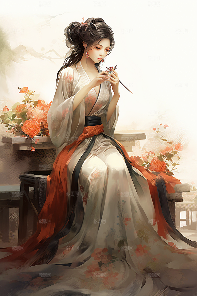 新中式美女温婉艺术插画