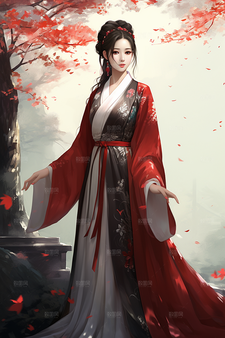 新中式美女水墨唯美插画