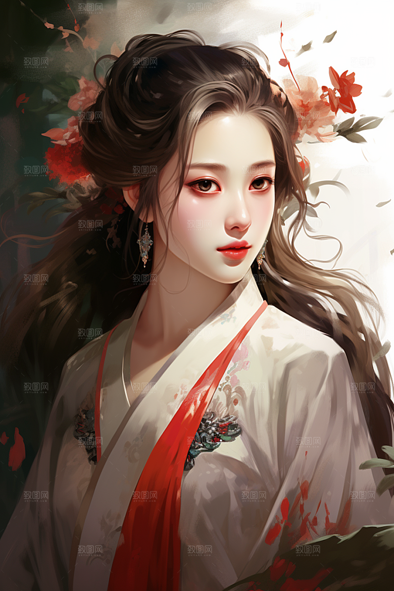 新中式美女文艺水墨插画