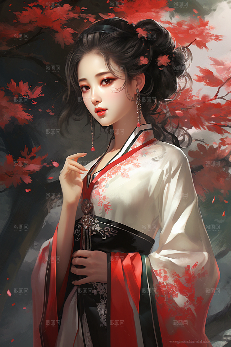 新中式美女艺术水墨插画