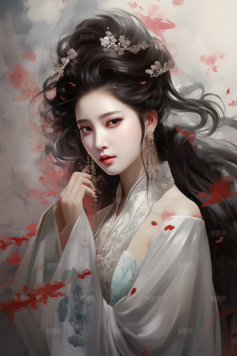新中式美女温婉水墨插画