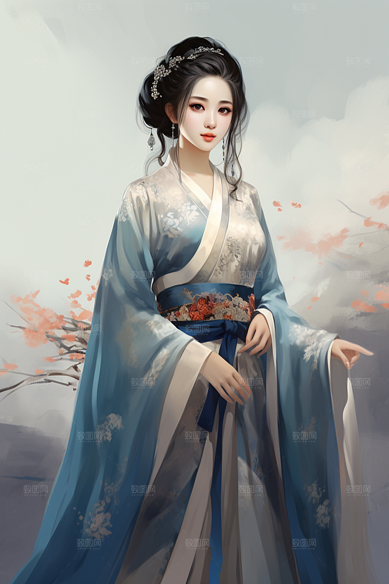 新中式美女水墨唯美插画