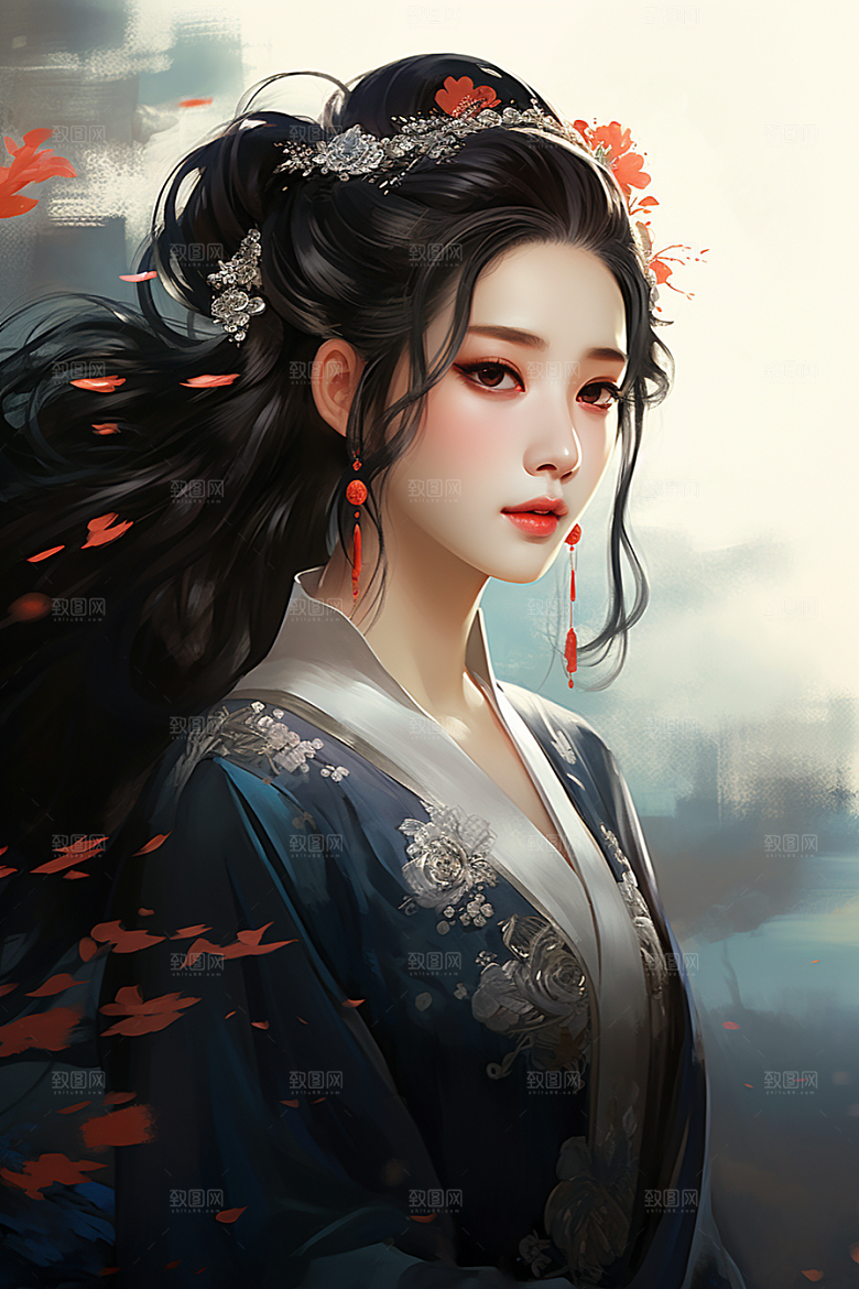 新中式美女手绘唯美插画