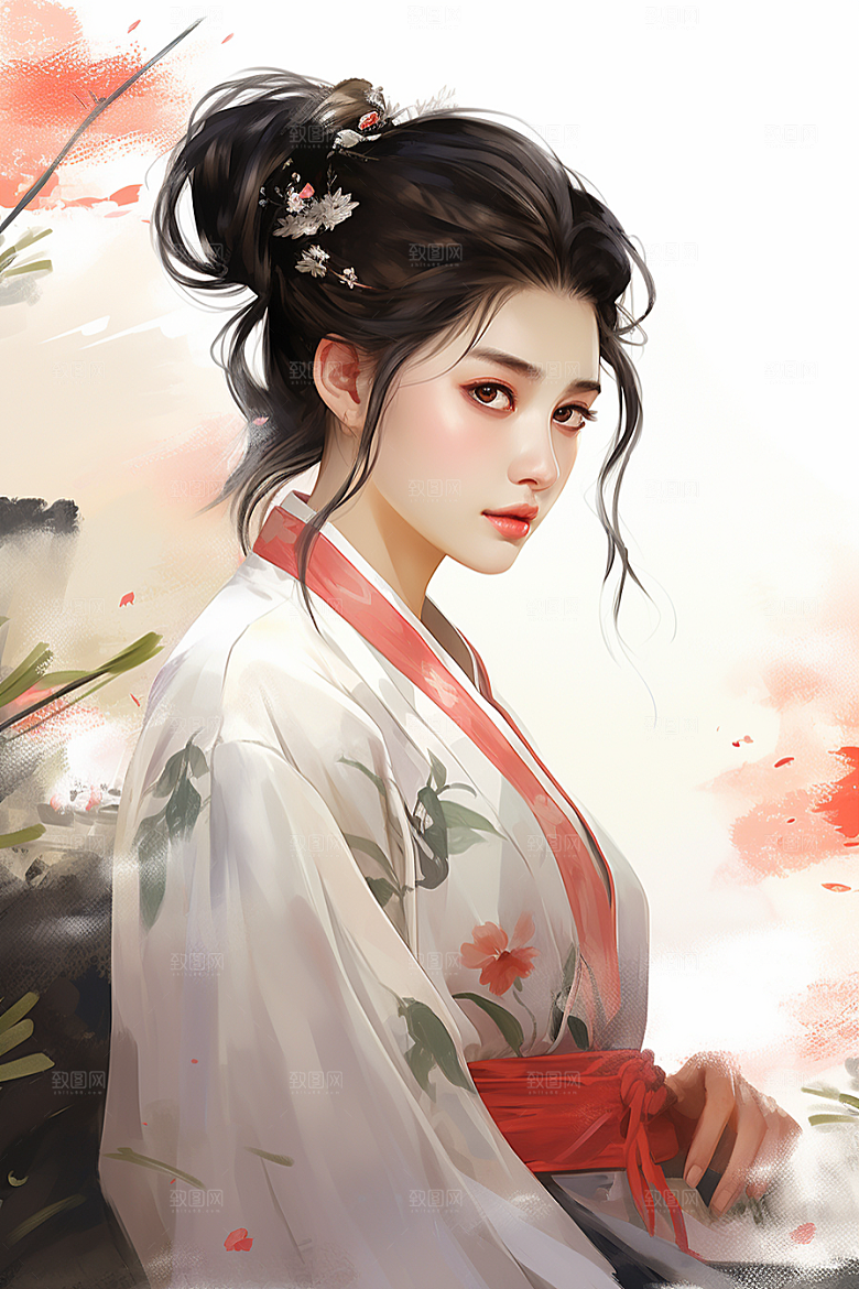 新中式美女水墨文艺插画