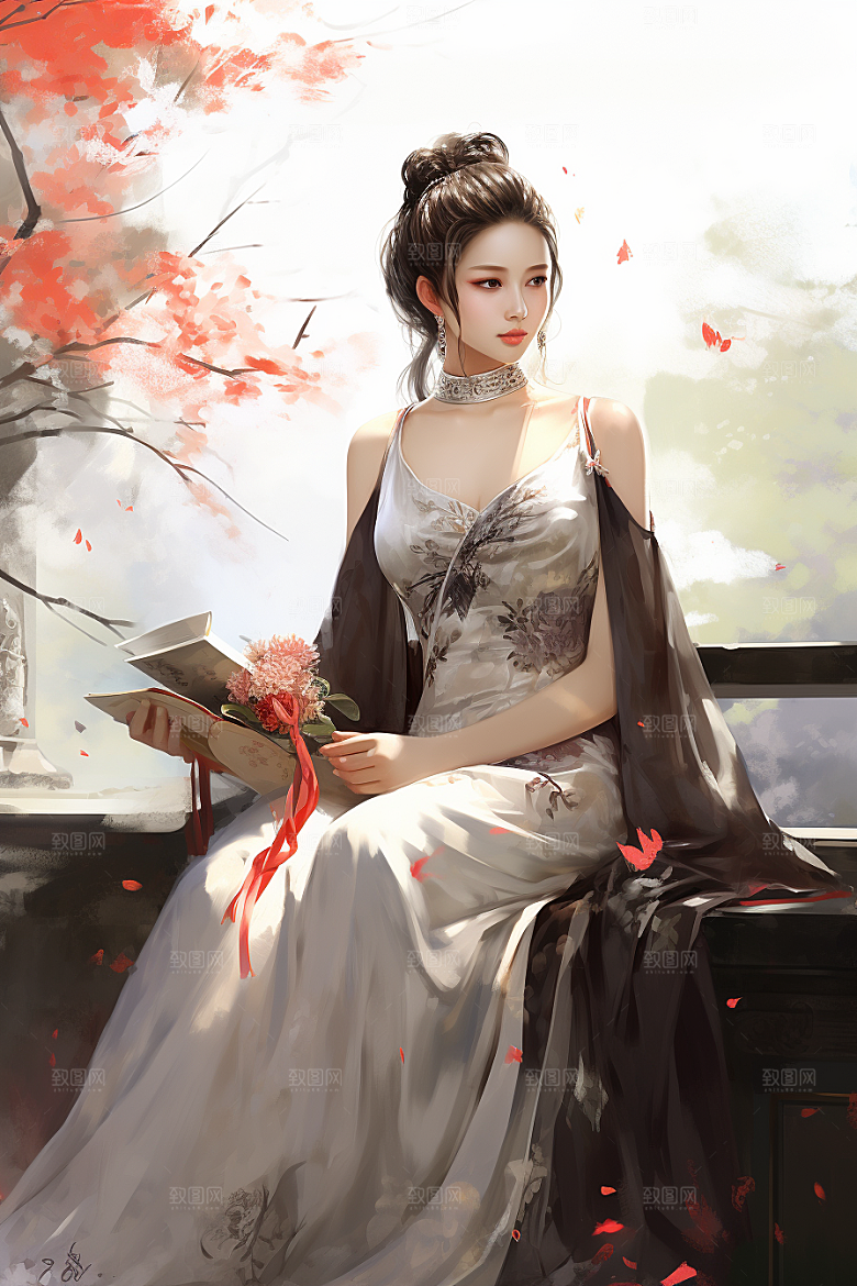新中式美女中国风水墨插画