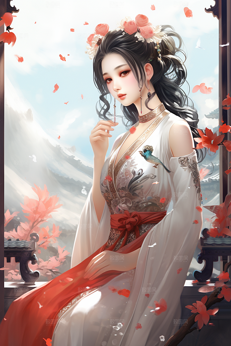 新中式美女水墨中国风插画