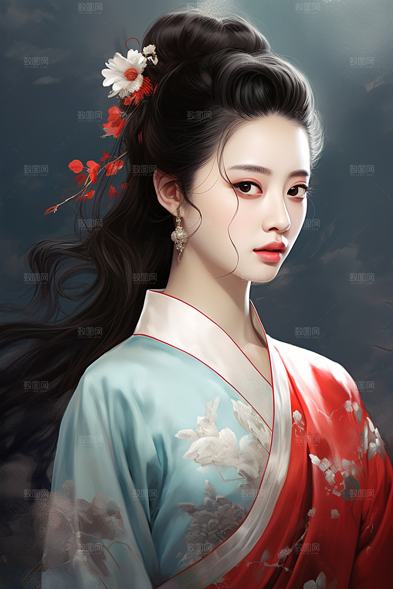 新中式美女艺术手绘插画