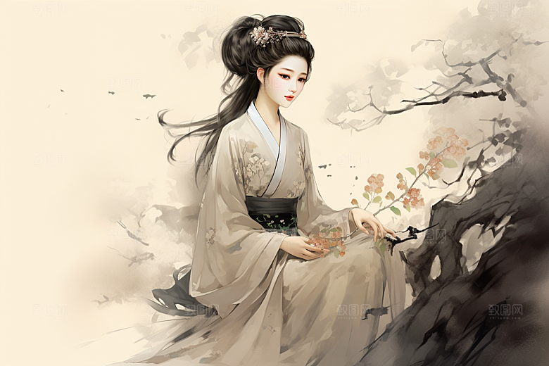 新中式美女温婉手绘插画