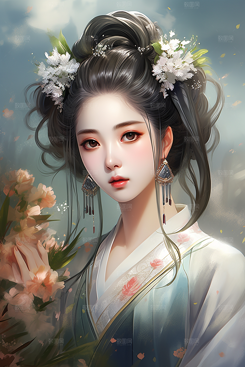 新中式美女手绘高清插画