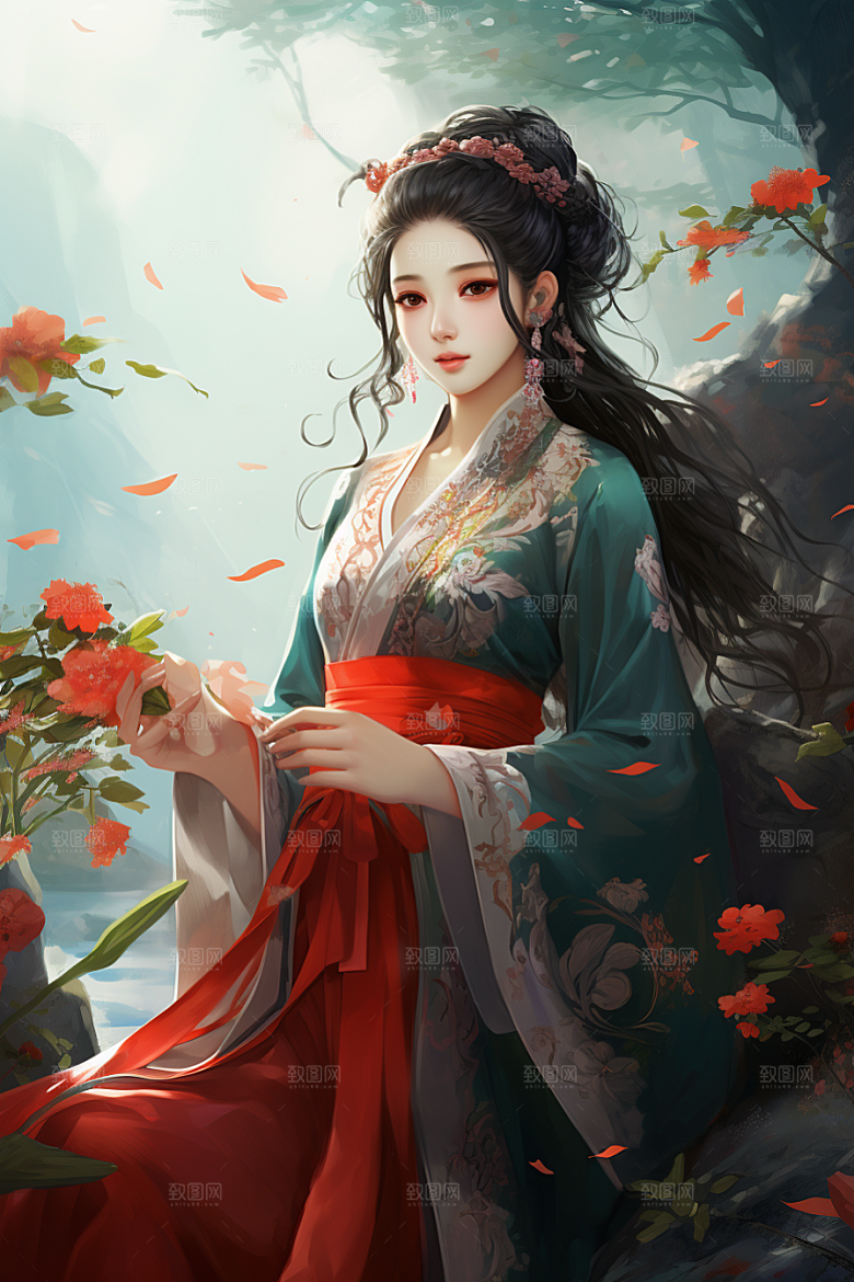 新中式美女高清水墨插画