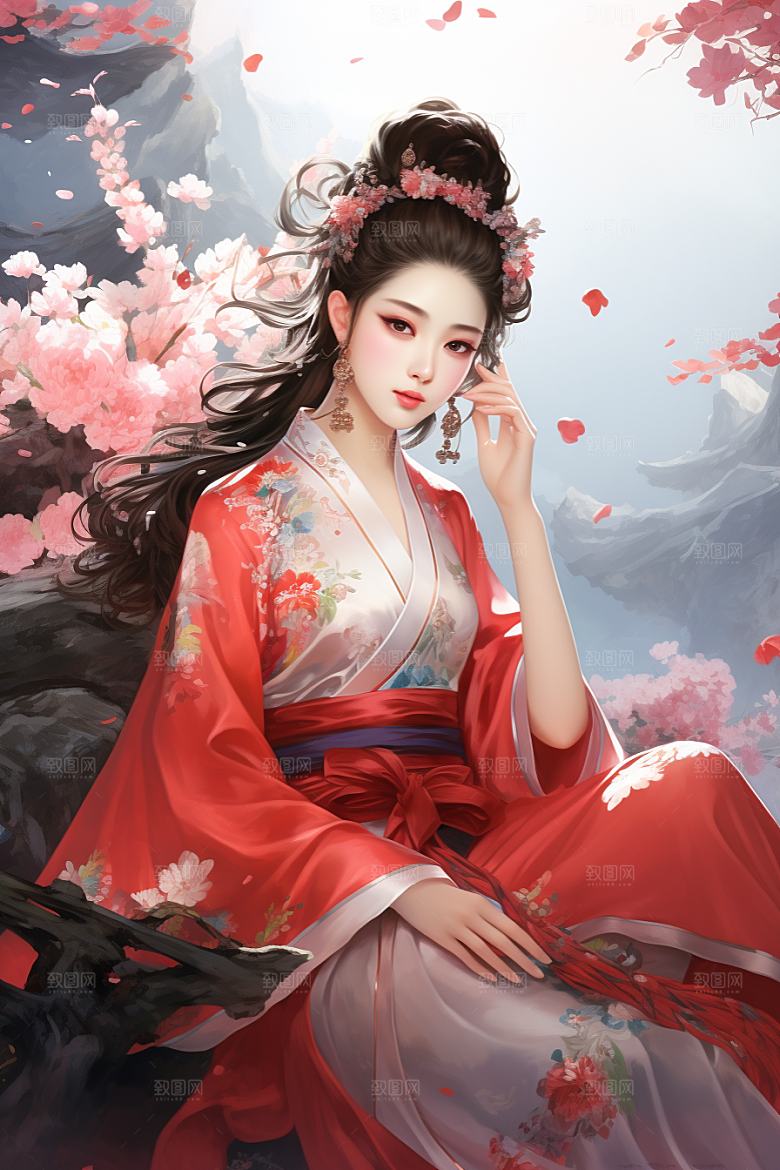 新中式美女艺术手绘插画