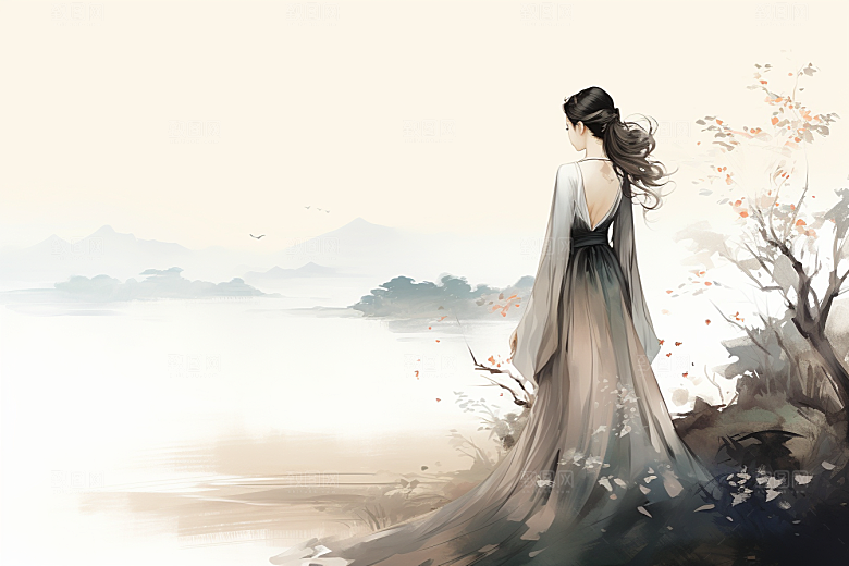 新中式美女文艺手绘插画
