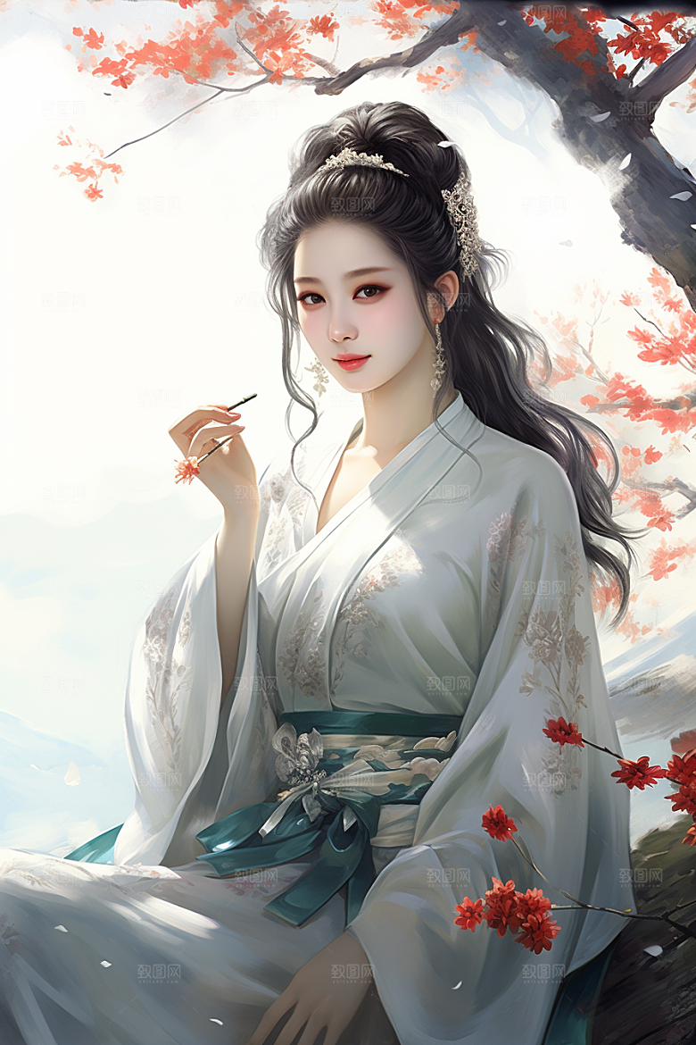 新中式美女唯美水墨插画