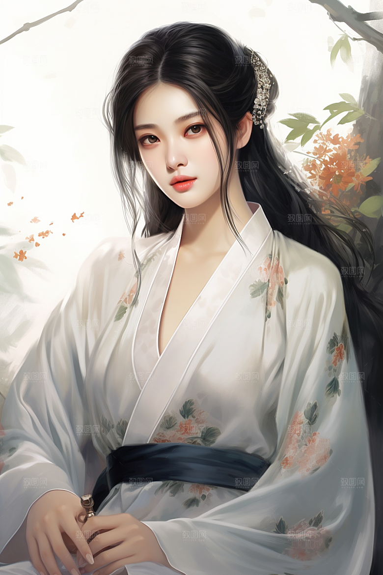 新中式美女手绘文艺插画