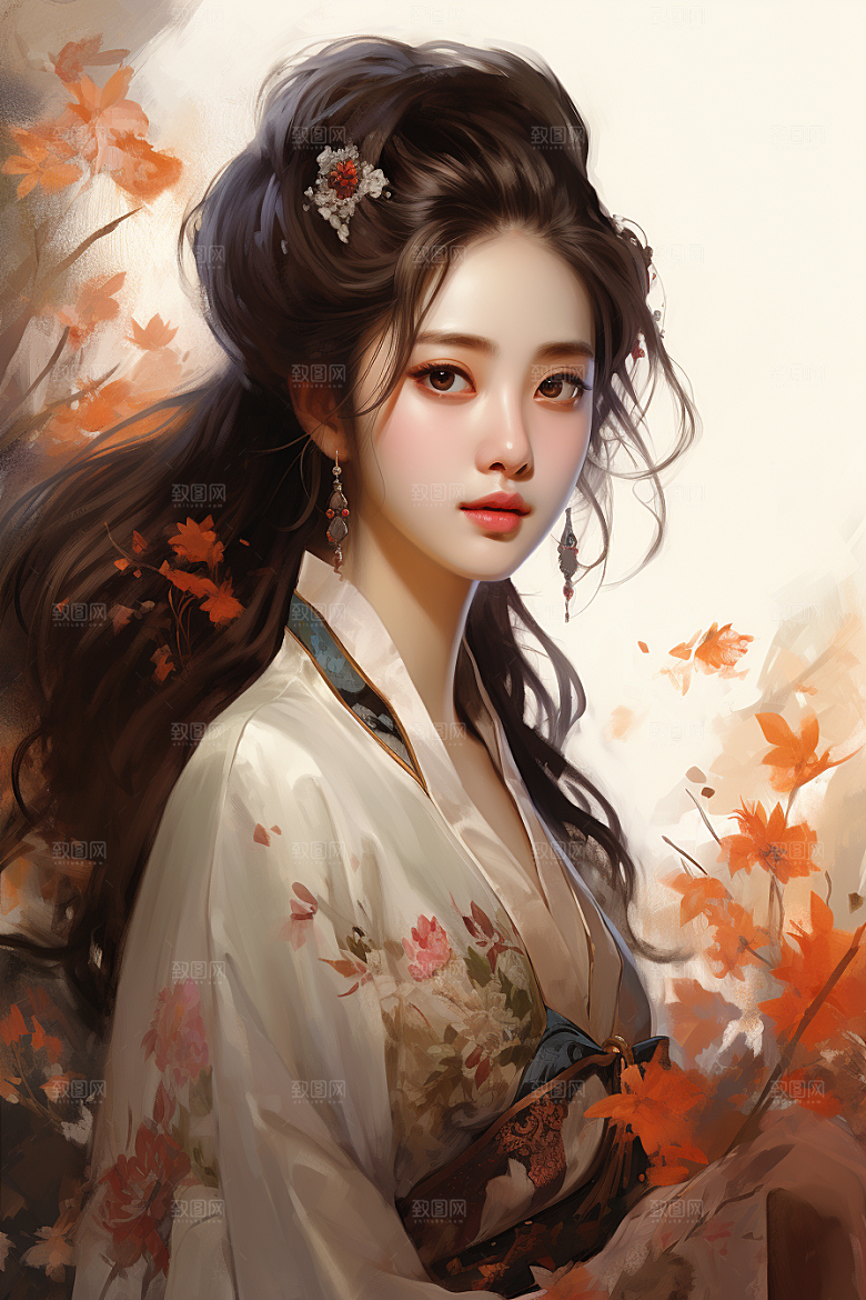 新中式美女高清水墨插画
