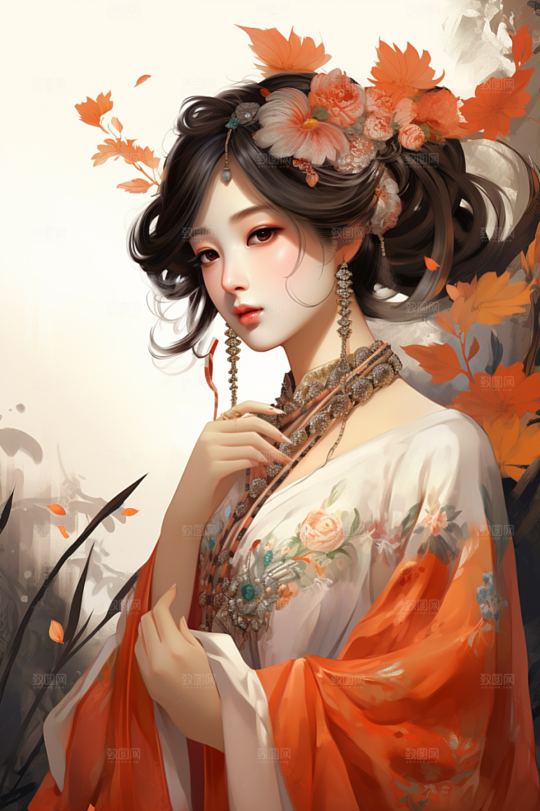 新中式美女水墨文艺插画