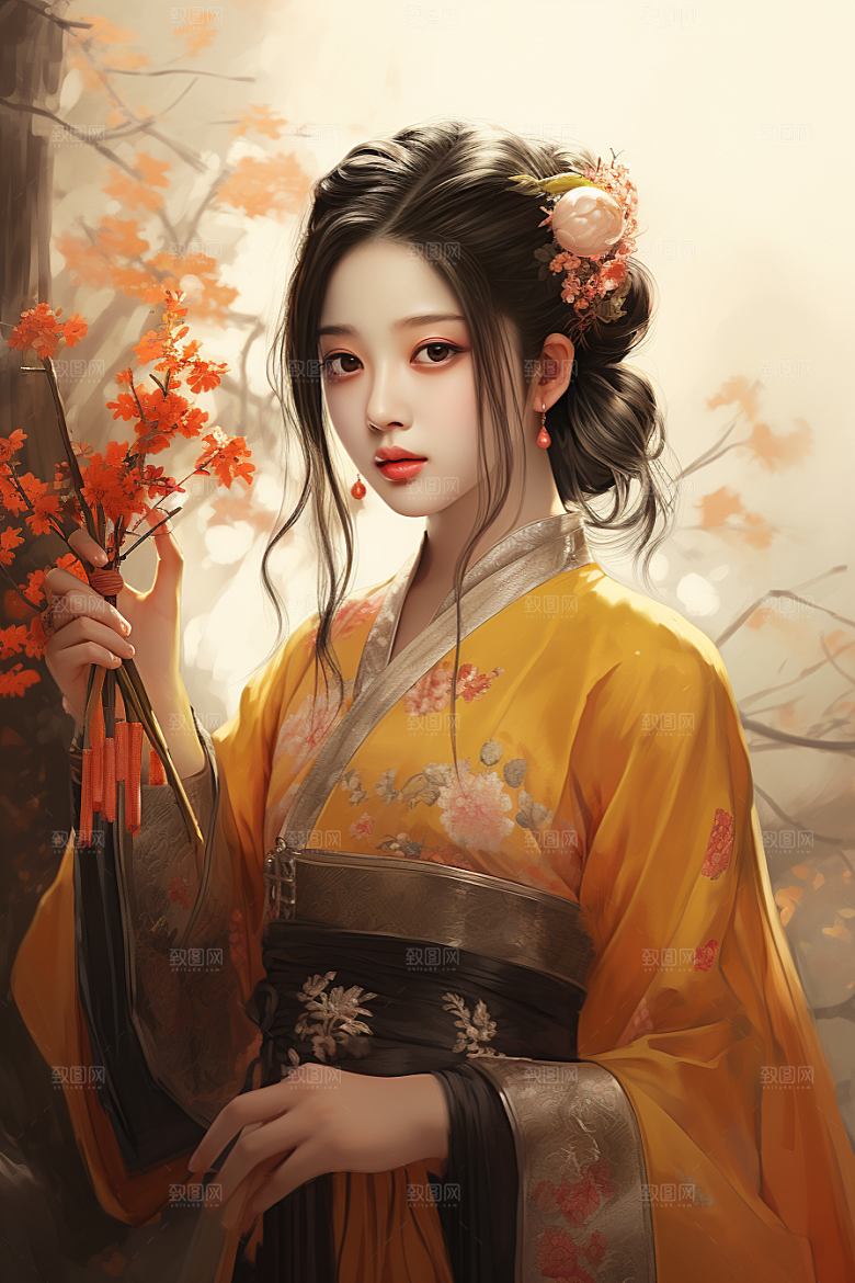 新中式美女文艺艺术插画