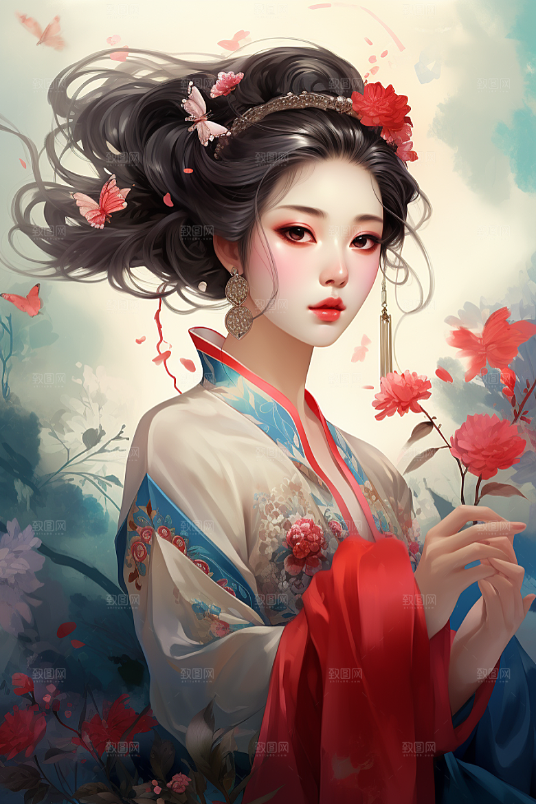 新中式美女中国风文艺插画