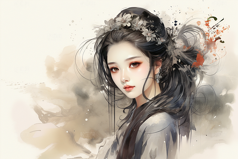 新中式美女温婉水墨插画