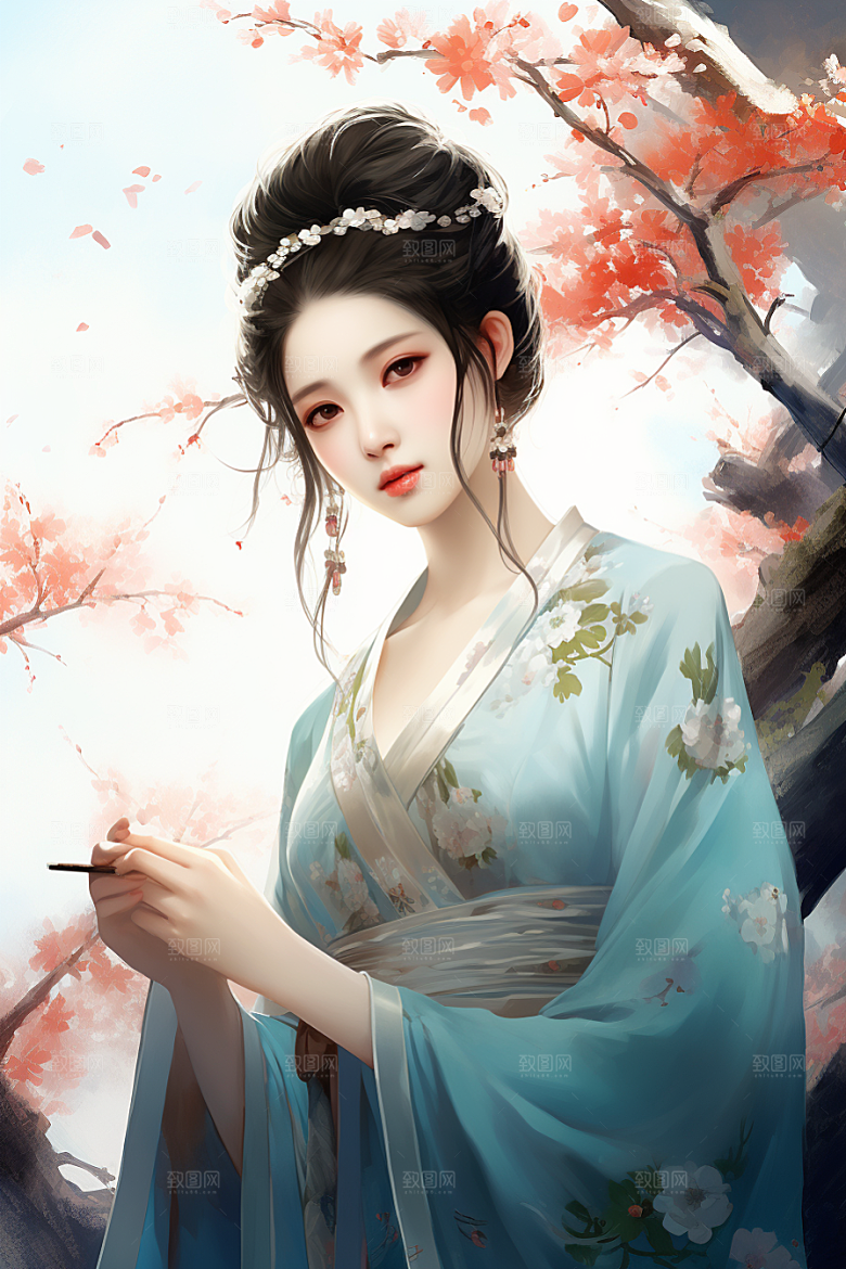 新中式美女手绘温婉插画