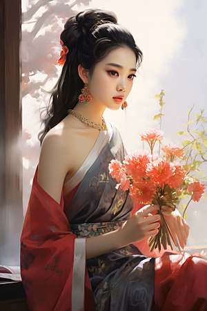 新中式美女水墨艺术插画
