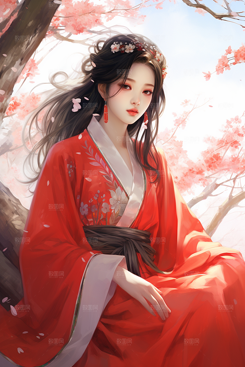 新中式美女唯美水墨插画