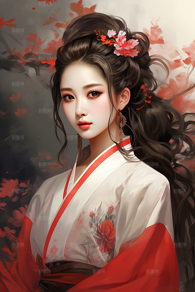 新中式美女中国风水墨插画
