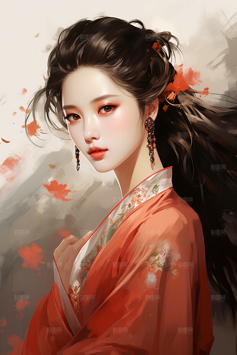 新中式美女中国风水墨插画